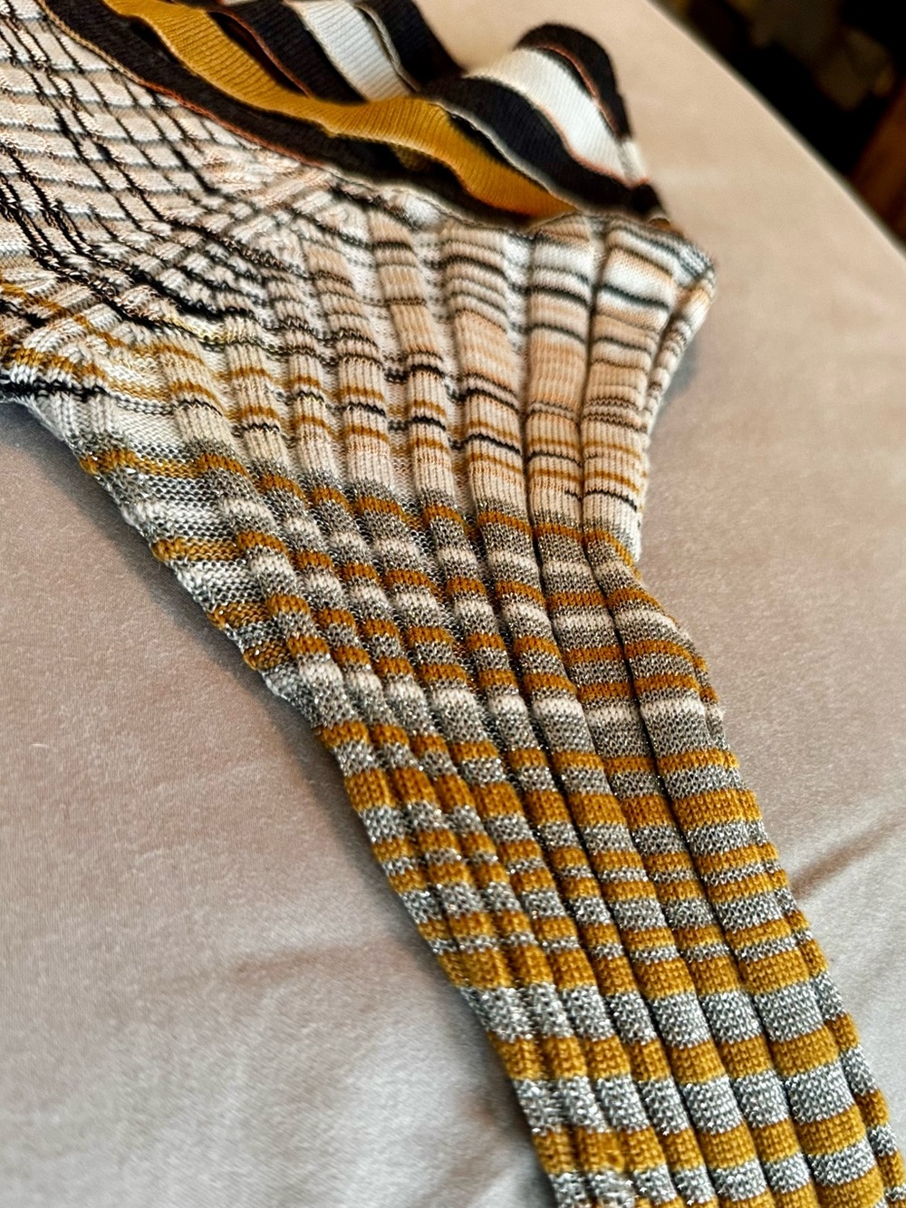 MISSONI Fitted Metallic Silver Black Gold Striped Ribbed Knit Midi Dress w Slip - Picture 10 of 16